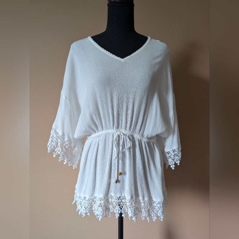 Tory Burch White Treville Caftan Crochet Trim Coverup or Tunic - Women's Small